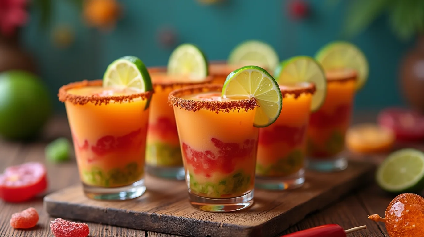 Mexican candy shot recipe featuring vibrant layered shots with chili-lime rim, garnished with fresh lime wedges, and surrounded by traditional Mexican candies on a rustic wooden board.