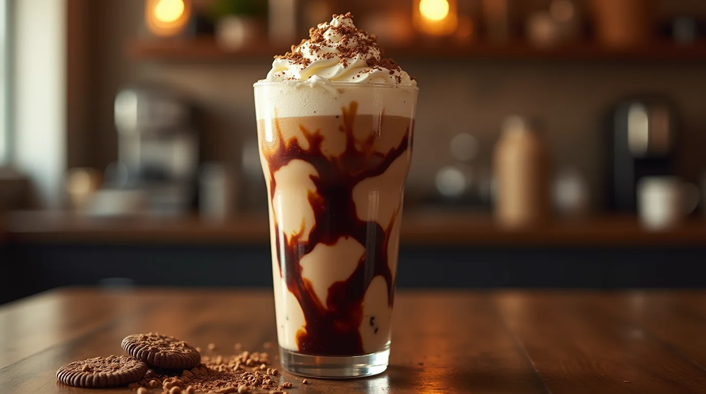 Mocha Cookie Crumble Frappuccino topped with whipped cream and chocolate cookie crumbles, served in a tall glass with rich chocolate drizzle.