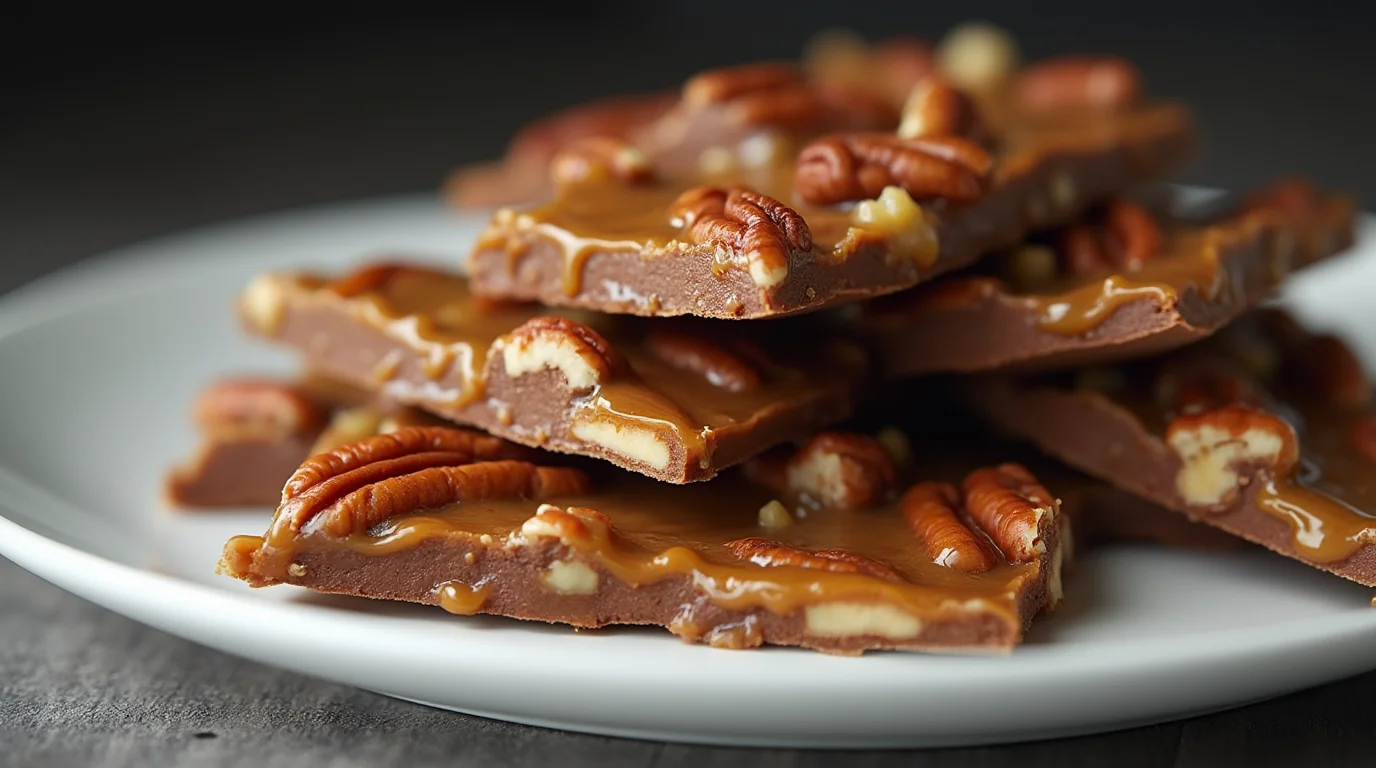 Close-up of pecan pie bark stacked on a white plate, featuring layers of chocolate, caramel, and crunchy pecans.