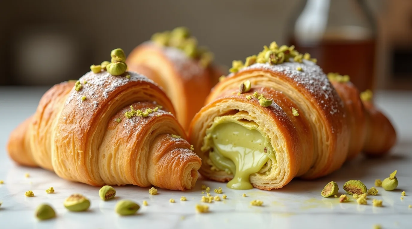 Freshly baked pistachio croissant with a golden, flaky crust, generously filled with creamy pistachio custard, topped with crushed pistachios and a dusting of powdered sugar, elegantly placed on a marble surface in a cozy breakfast setting.