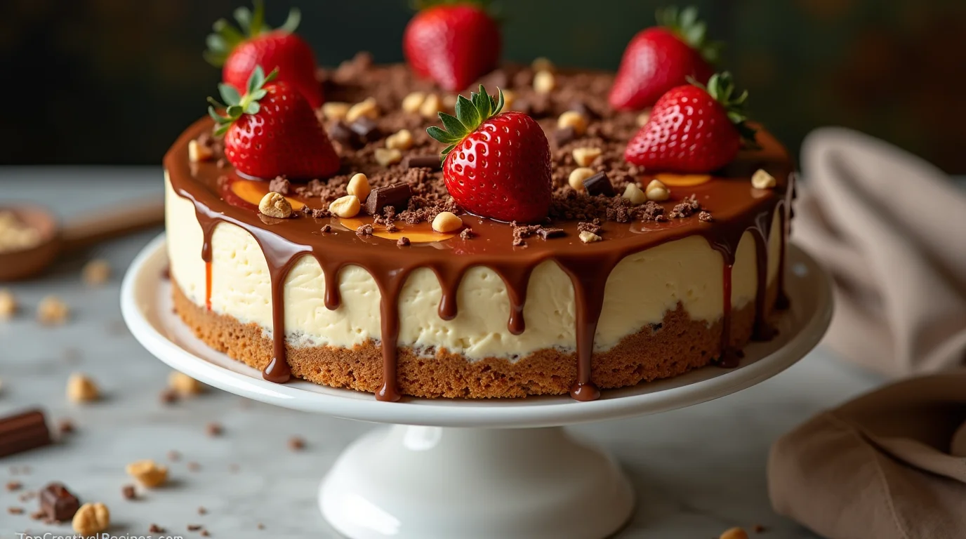 A rich Snickers strawberry cheesecake with a buttery biscuit base, creamy cheesecake filling, drizzled with chocolate ganache, and topped with fresh strawberries, chopped peanuts, and chocolate pieces.