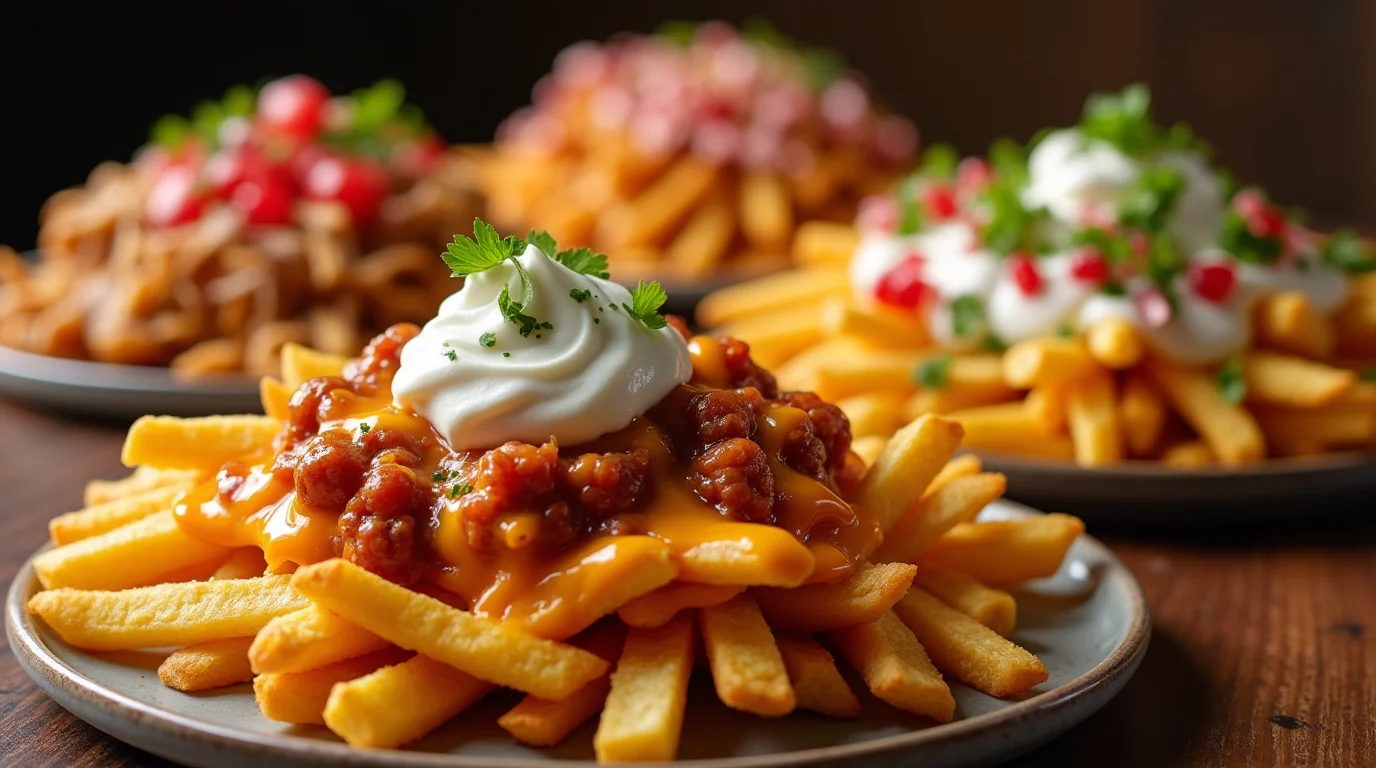 A close-up of Taco Bell Nacho Fries topped with melted cheese, seasoned beef, and sour cream, garnished with fresh herbs. In the background, various loaded fries with toppings like tomatoes and jalapeños are visible.
