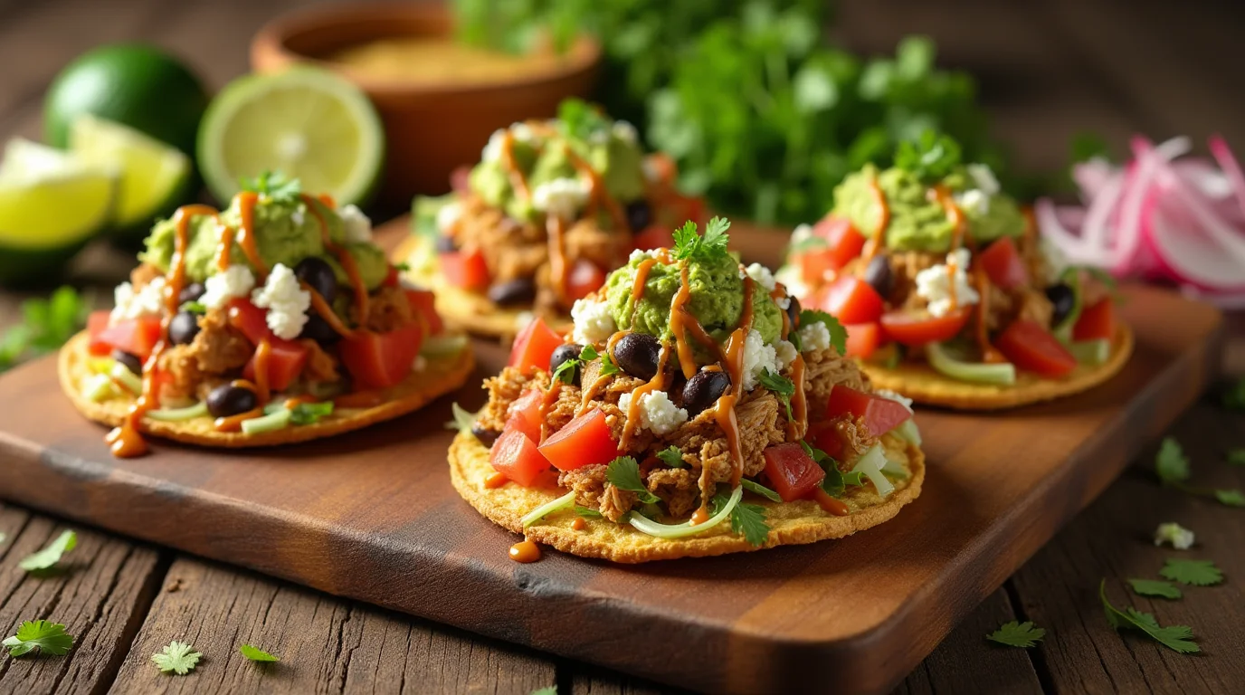 Crispy tostadas de tinga in air fryer topped with shredded chicken, fresh tomatoes, black beans, guacamole, queso fresco, and drizzled with a spicy sauce, served on a rustic wooden board.