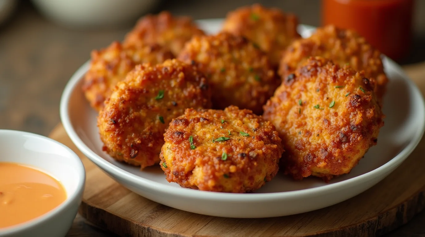 Crispy Tyson chicken patties cooked in an air fryer served on a white plate.