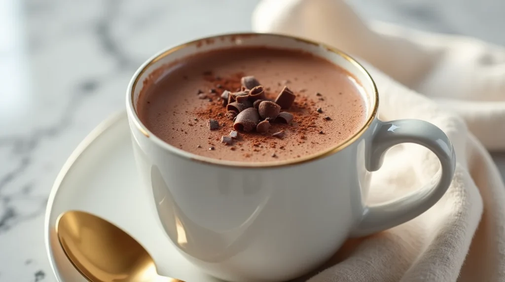 A luxurious cup of bone broth hot chocolate topped with chocolate shavings and cocoa powder, served in an elegant white and gold-rimmed mug on a marble surface.