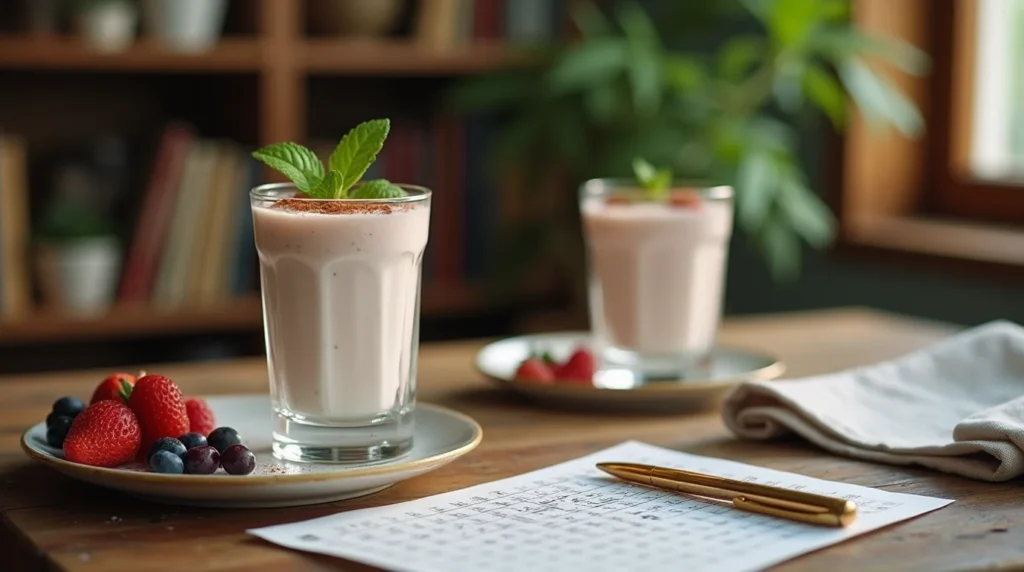A Cold Yogurt Drink Crossword garnished with mint, placed next to a crossword puzzle and a gold pen on a wooden table.