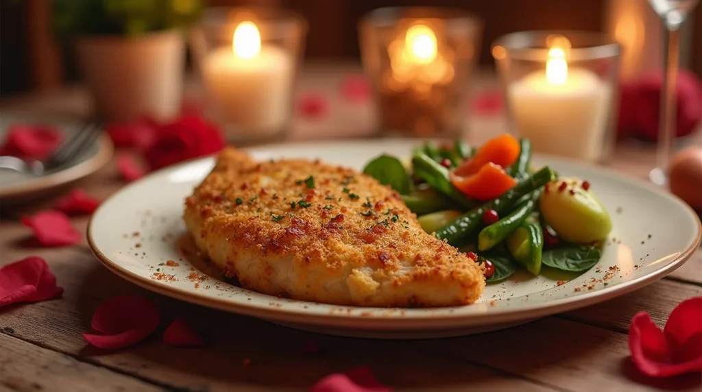 Easy Longhorn Parmesan Crusted Chicken served on a white plate with roasted vegetables, garnished with herbs, and set in a romantic candlelit dining setting.