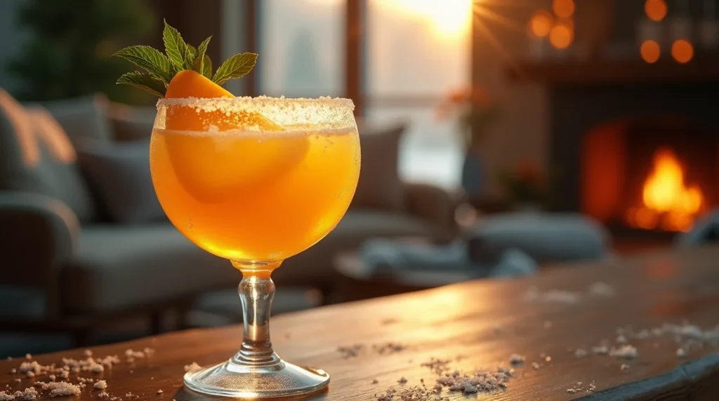 A mango margarita in a glass with a salted rim, garnished with a fresh mango slice and mint, placed on a rustic wooden table with salt grains. A cozy winter home setting with a fireplace and soft lighting is visible in the background.