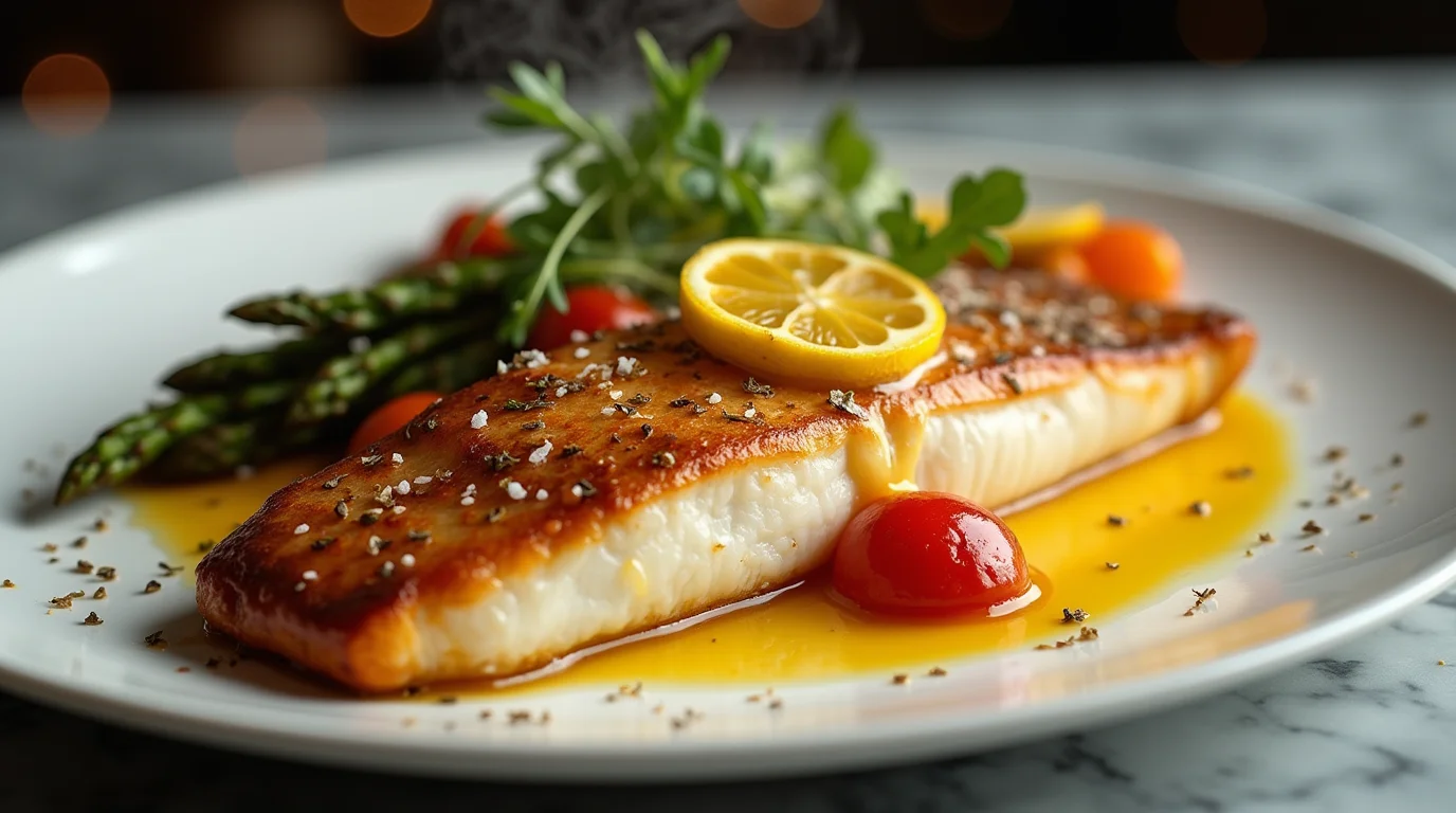 Branzino fillet recipe with crispy golden skin, topped with lemon slices and served with asparagus, cherry tomatoes, and a citrus butter sauce.