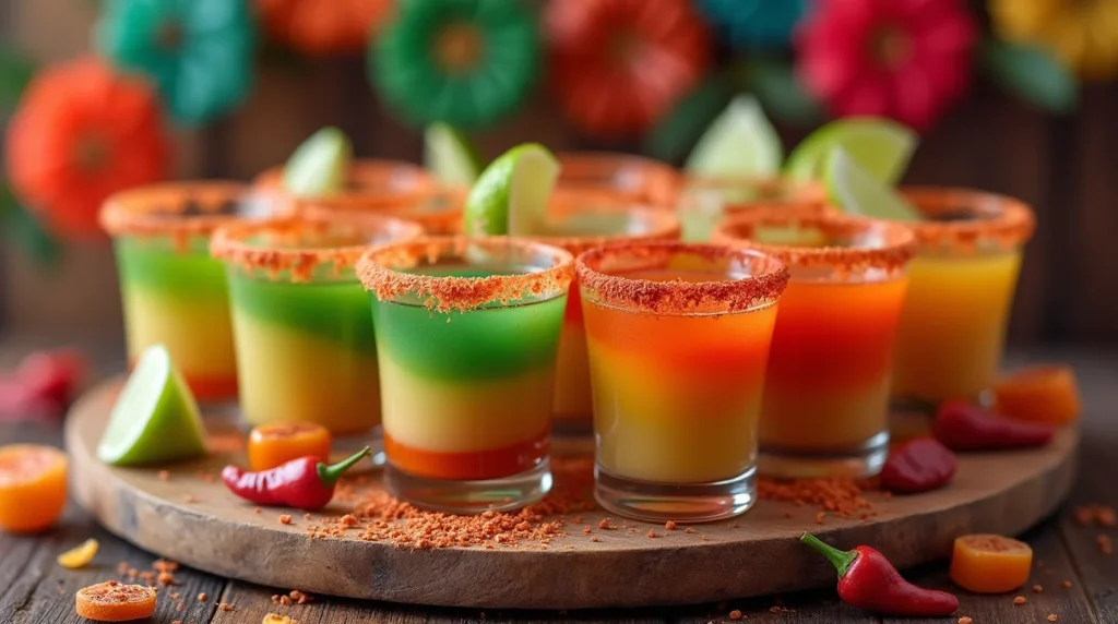 Mexican candy shot recipe featuring colorful layered shots with chili-lime rims, garnished with fresh lime wedges, and surrounded by traditional Mexican candies and chili peppers on a rustic wooden board.