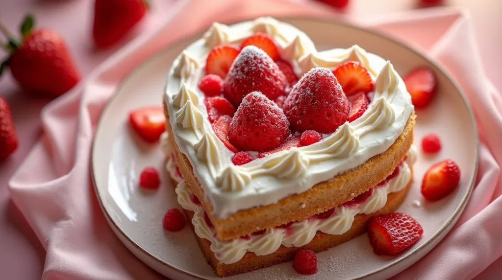 Heart-shaped strawberry tres leches cake with layers of whipped cream, fresh strawberries, and a dusting of powdered sugar.