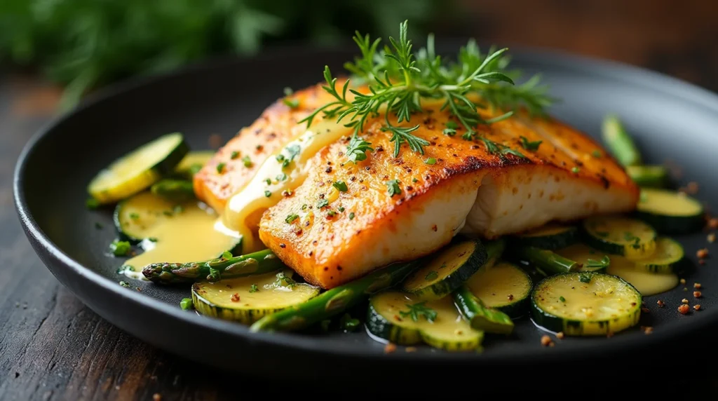 Swordfish recipe with a perfectly seared fillet, drizzled with a rich butter sauce, garnished with fresh herbs, and served with sautéed zucchini and asparagus on a black plate.