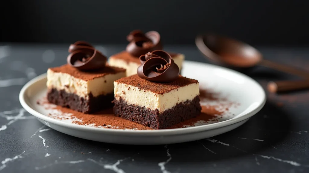 Three elegant tiramisu brownies with a fudgy chocolate base and creamy mascarpone topping, dusted with cocoa powder and adorned with delicate chocolate curls.