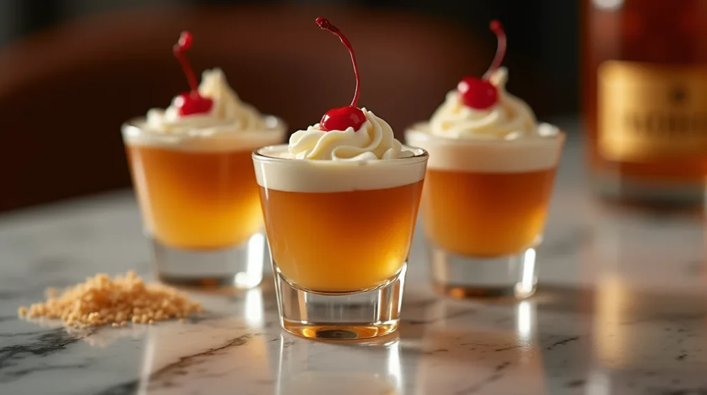 Three beautifully layered Buttery Nipple Shot Recipe drinks served in elegant shot glasses, topped with whipped cream and maraschino cherries, placed on a marble countertop with butterscotch crumbles and a liquor bottle in the background.