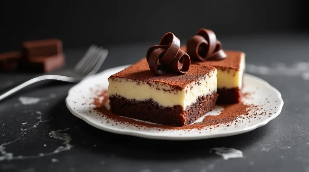 Delicious tiramisu brownies with a rich chocolate base, creamy mascarpone layer, and a dusting of cocoa powder, garnished with elegant chocolate curls on a white plate.