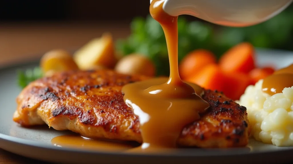 Juicy pan-seared chicken breast topped with rich, golden brown gravy, served with creamy mashed potatoes and vibrant vegetables – a delicious Chicken and Gravy Recipe.