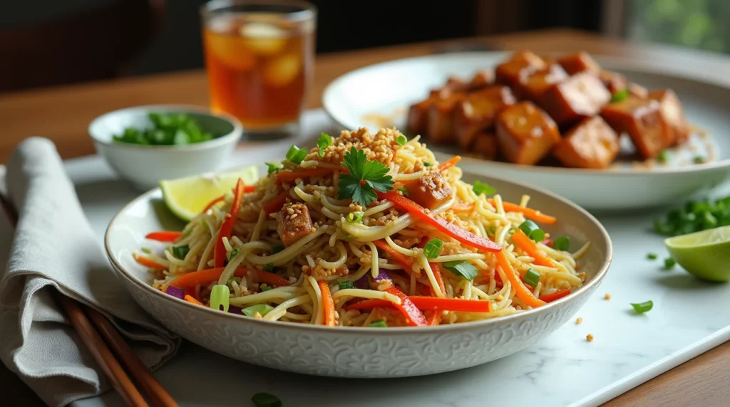 keeping slaw fresh A fresh Asian coleslaw recipe served in a bowl, featuring crispy noodles, colorful shredded vegetables, tofu, peanuts, and a zesty dressing, garnished with fresh herbs and lime.