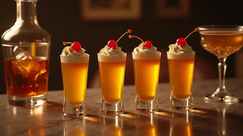 Four elegantly layered Buttery Nipple Shot Recipe drinks served in tall shot glasses, topped with whipped cream and maraschino cherries, placed on a marble bar counter with a decanter of whiskey and a cocktail glass in the background.
