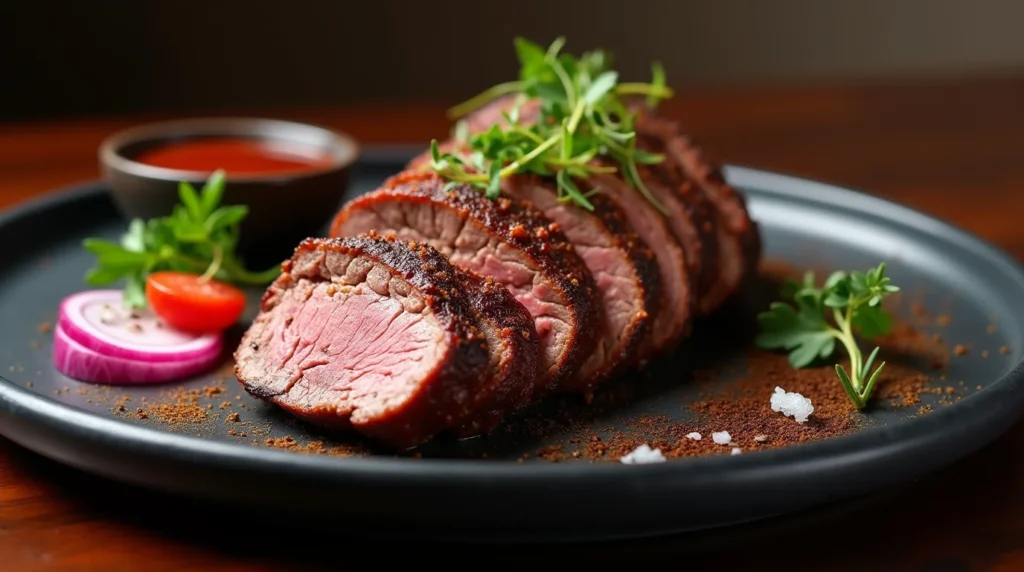 Perfectly smoked sliced beef brisket plated on a sleek black dish, garnished with fresh herbs, flaky sea salt, and spices, accompanied by a bowl of barbecue sauce, red onion slices, and cherry tomatoes for an elegant presentation.