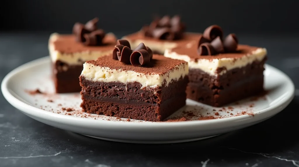 A plate of rich tiramisu brownies featuring a fudgy chocolate base, creamy mascarpone topping, cocoa powder dusting, and elegant chocolate curls.
