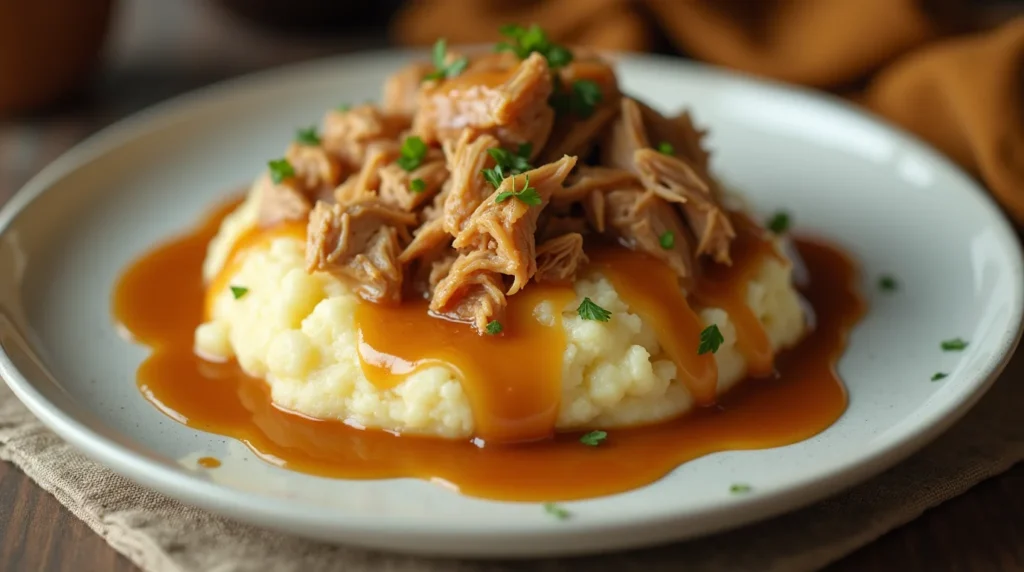 Tender shredded chicken with rich gravy over creamy mashed potatoes – a comforting Chicken and Gravy Recipe perfect for a cozy meal.
