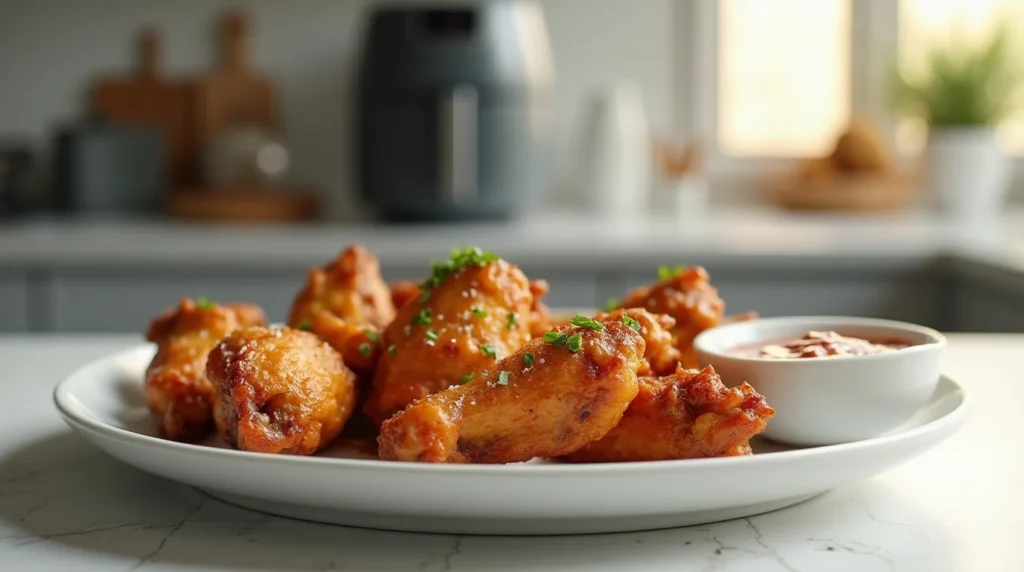 Crispy frozen chicken wings in air fryer served on a white plate with dipping sauce.