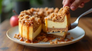 Apple Crumble Cheesecake slice being lifted with a spatula, showcasing a creamy cheesecake layer, buttery graham cracker crust, golden crumble topping, and a rich caramel drizzle.