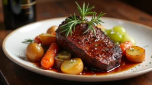 Juicy beef shoulder roast recipe with a caramelized crust, served with roasted baby potatoes, carrots, and a rich sauce, garnished with fresh rosemary.