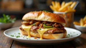 A rich and savory Chicken Philly Cheesesteak Recipe with juicy grilled chicken, melted cheese, sautéed mushrooms, and jalapeños on a toasted hoagie roll, served with crispy fries.