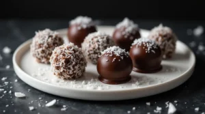 A plate of Chocolate Coconut Truffles, beautifully arranged with some covered in shredded coconut and others coated in glossy chocolate, sprinkled with coconut flakes.