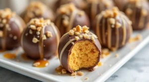 A tray of no bake pumpkin cheesecake balls coated in chocolate, drizzled with caramel and white chocolate, and topped with crushed nuts.