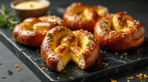 Soft and golden rosemary cheese pretzels with a gooey melted cheese filling, topped with coarse salt and fresh rosemary.