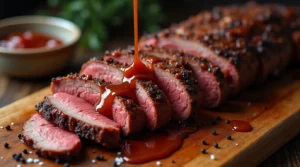 Juicy smoked sliced beef brisket with a crispy pepper-crusted bark and a tender pink center, elegantly arranged on a wooden board with a rich barbecue sauce drizzle and a bowl of sauce in the background.