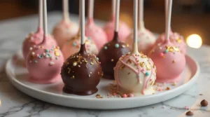 A plate of homemade Starbucks cake pops with pink, white, and chocolate coatings, decorated with gold flakes, sprinkles, and drizzles, inspired by the Starbucks cake pop recipe.