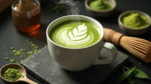 A steaming cup of Starbucks matcha latte recipe in a white mug with latte art, surrounded by matcha powder, a whisk, and honey on a dark surface.