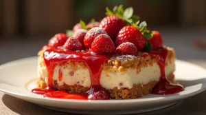 A delicious strawberry cheesecake dump cake with a golden crumb crust, fresh strawberries, and a rich strawberry sauce cascading down the sides, served on a white plate with a dusting of powdered sugar.