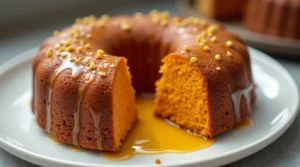 A homemade sweet potato pound cake with a golden-orange color, drizzled with caramel sauce and topped with chopped nuts.