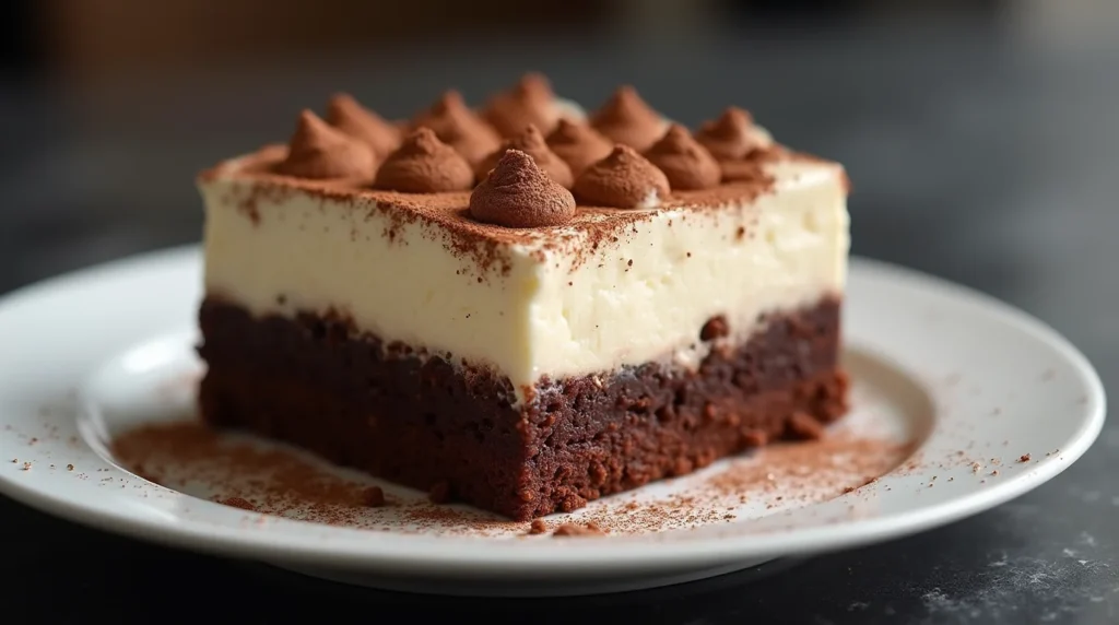 A rich and creamy tiramisu brownies recipe featuring a fudgy chocolate base, smooth mascarpone layer, and cocoa-dusted whipped dollops, served on a white plate.