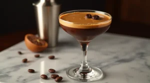 Trader Joe's Espresso Martini Recipe served in a coupe glass on a marble surface, garnished with coffee beans, with a cocktail shaker and coffee-themed elements in the background.