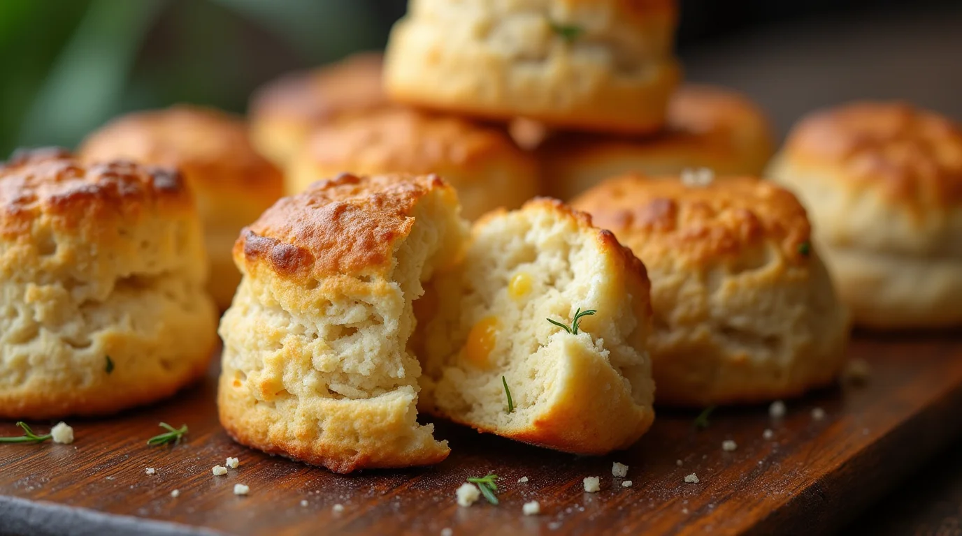 Freshly baked 3 ingredient biscuit recipe showcasing golden-brown, fluffy biscuits on a wooden board.