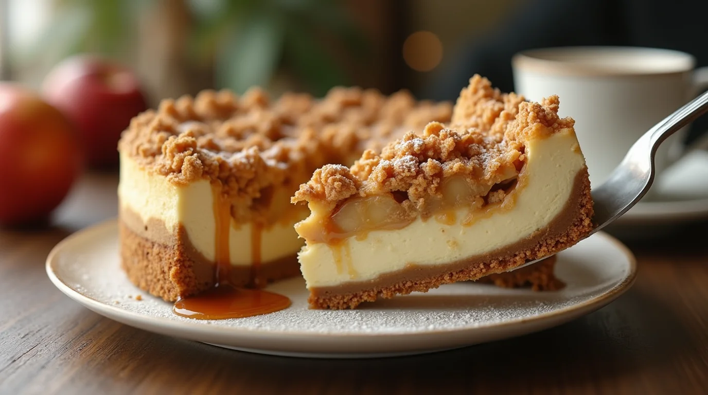 A mouthwatering Apple Crumble Cheesecake slice with a golden crumble topping, caramel drizzle, and creamy cheesecake filling, served on an elegant plate with fresh apples in the background.