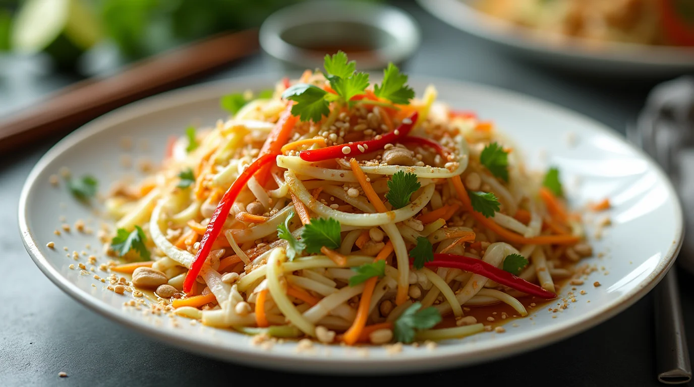 A vibrant plate of Asian coleslaw recipe featuring julienned vegetables, fresh herbs, peanuts, and sesame seeds, dressed in a flavorful Asian-inspired sauce.