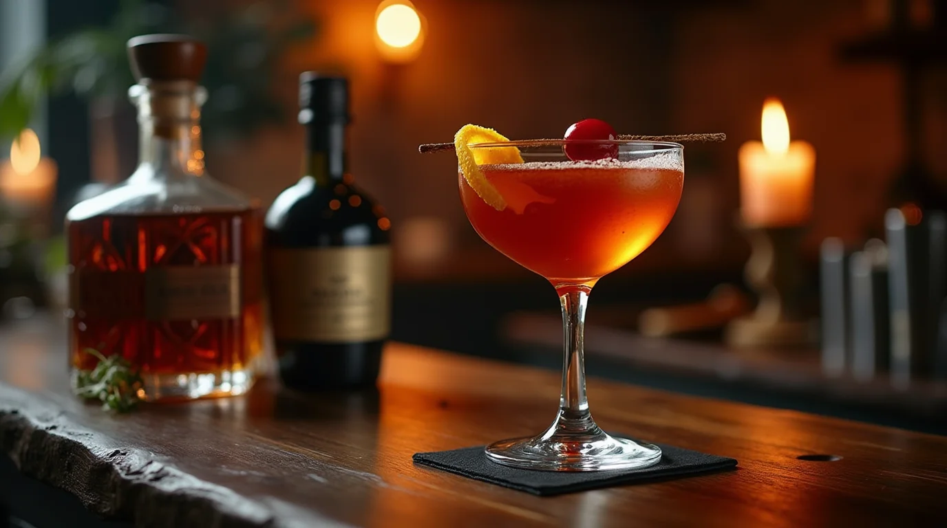 A Black Manhattan recipe cocktail served in a coupe glass, garnished with an orange peel and cherry, with whiskey and amaro bottles in the background.