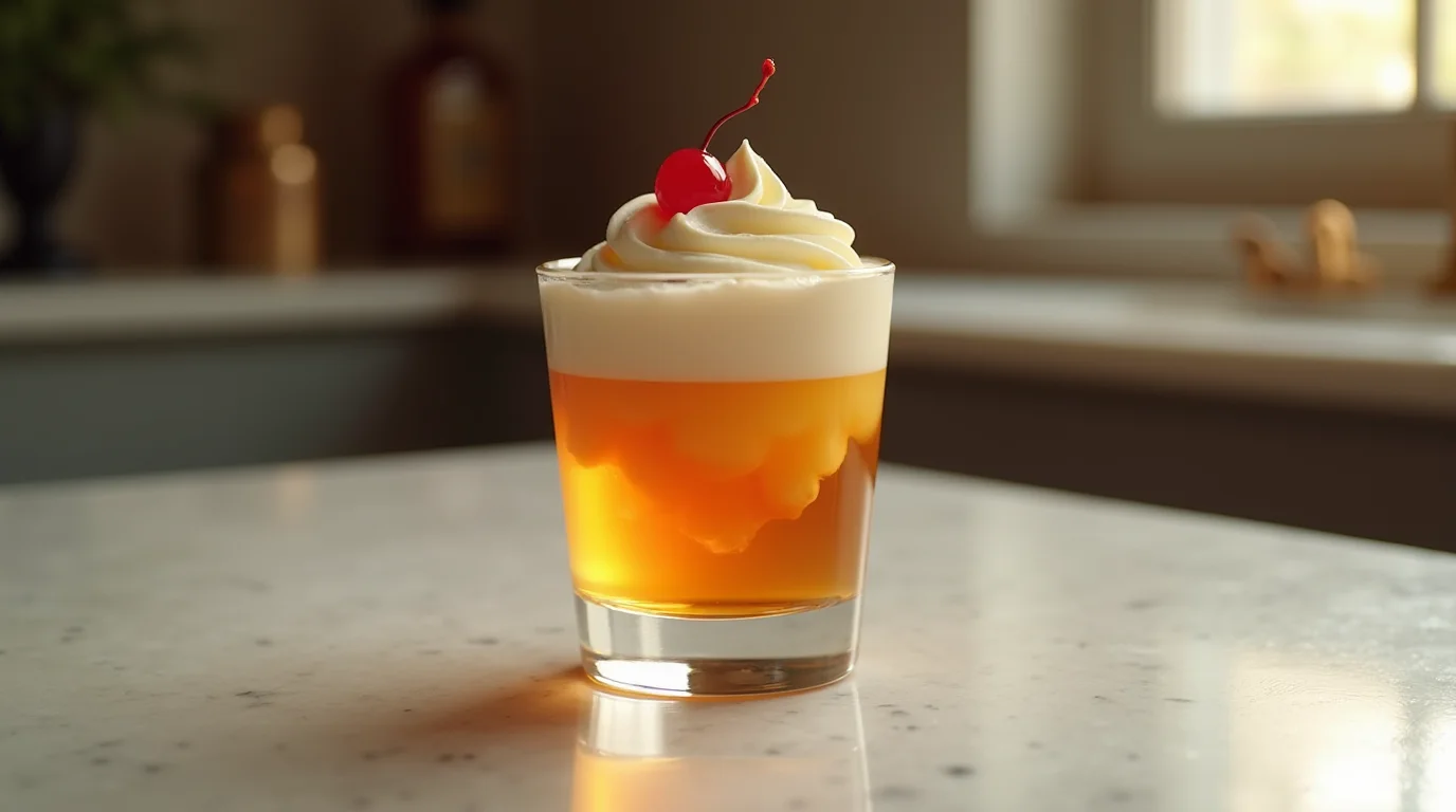 A beautifully layered Buttery Nipple Shot Recipe served in a crystal-clear glass, topped with whipped cream and a cherry, placed on a sleek marble countertop in a cozy home setting.