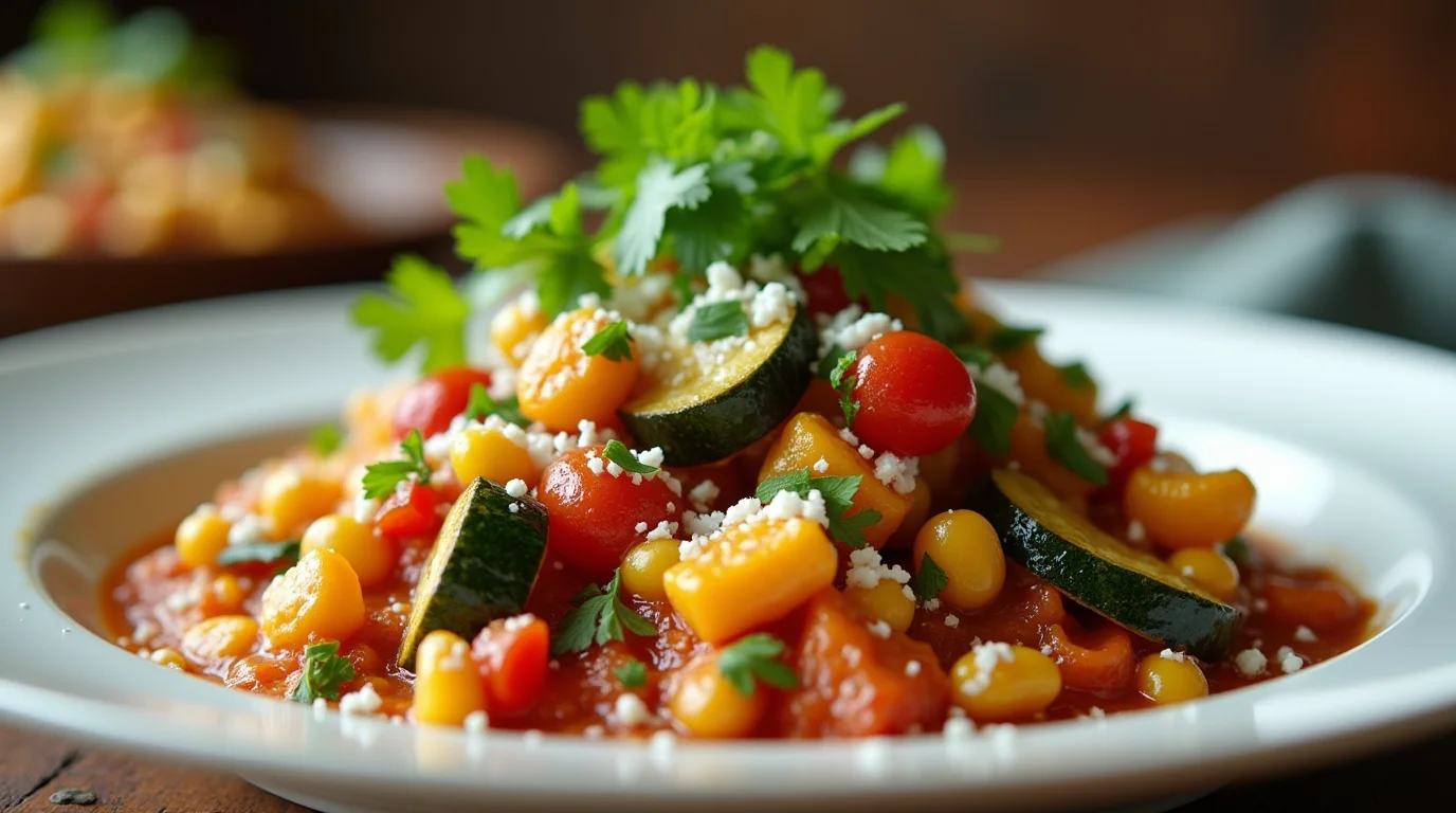 A vibrant plate of calabacitas recipe featuring sautéed zucchini, cherry tomatoes, corn, and cheese garnished with fresh cilantro.