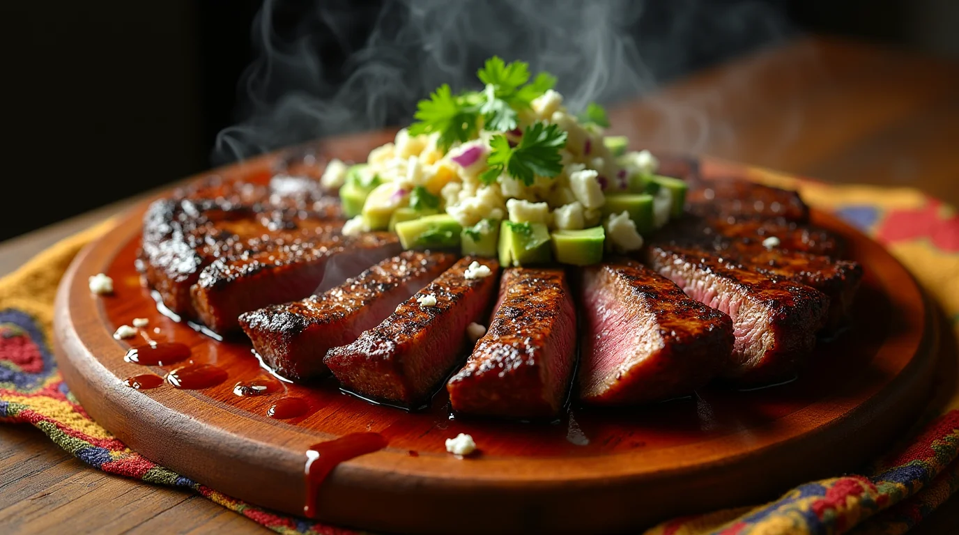 Juicy chipotle steak recipe with a smoky sear, sliced and served with avocado, crumbled cheese, and cilantro on a wooden board.