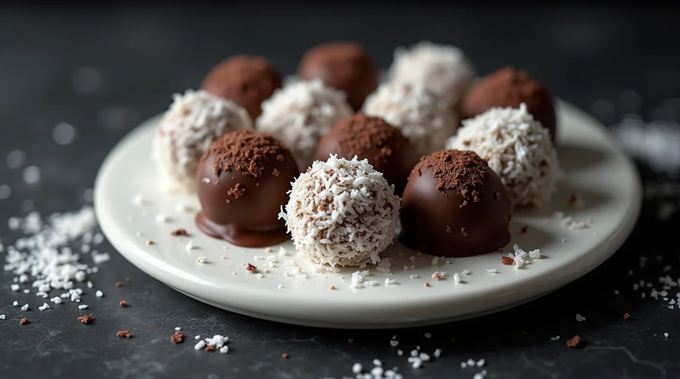 A plate of chocolate coconut truffles, some coated in shredded coconut and others covered in rich chocolate with cocoa powder dusting.