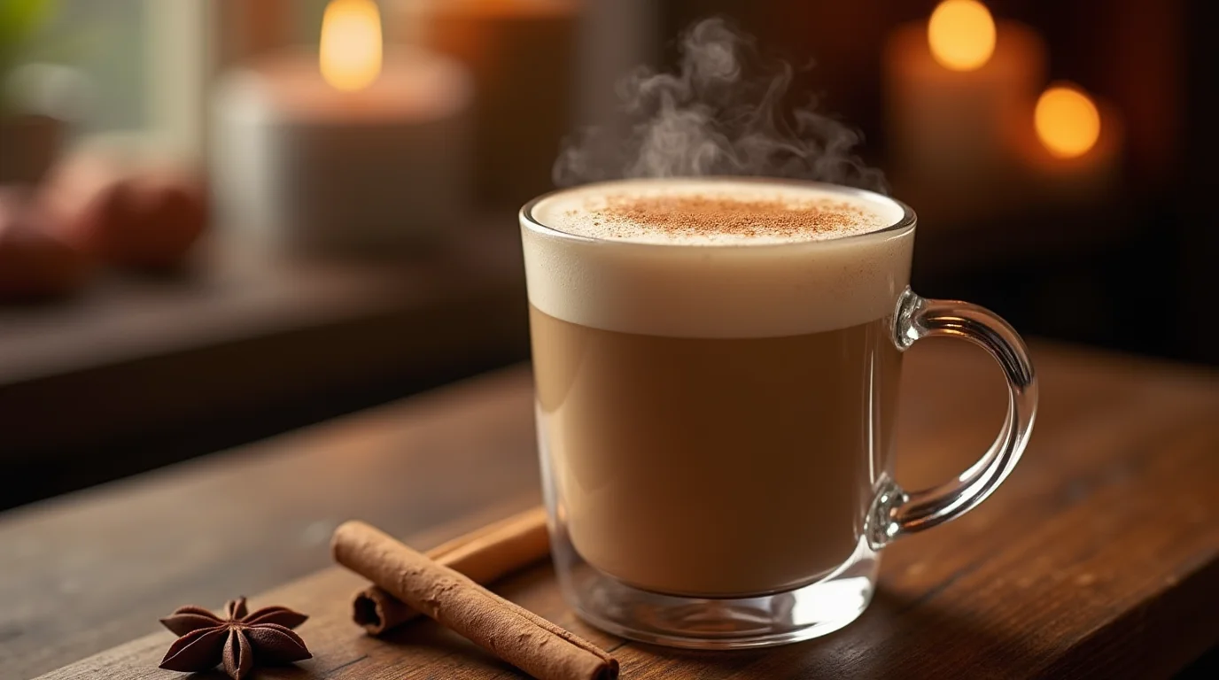 A steaming Dunkin Chai Latte in a clear glass mug, topped with frothy milk and a sprinkle of cinnamon, set on a rustic wooden table with cinnamon sticks and star anise, creating a cozy ambiance.