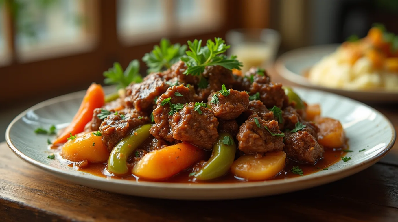 A hearty ground beef crock pot recipes with tender beef, potatoes, carrots, and bell peppers in a rich, savory sauce, garnished with fresh parsley.