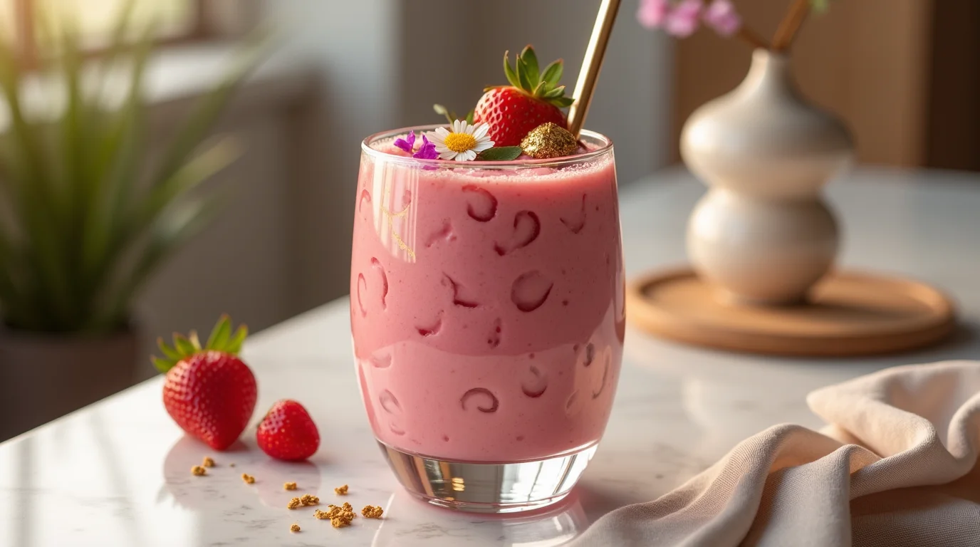 A luxurious Hailey Bieber smoothie recipe served in a sleek glass on a marble countertop, garnished with fresh strawberries, edible flowers, and gold flakes, bathed in soft natural light for an elegant, high-end presentation.